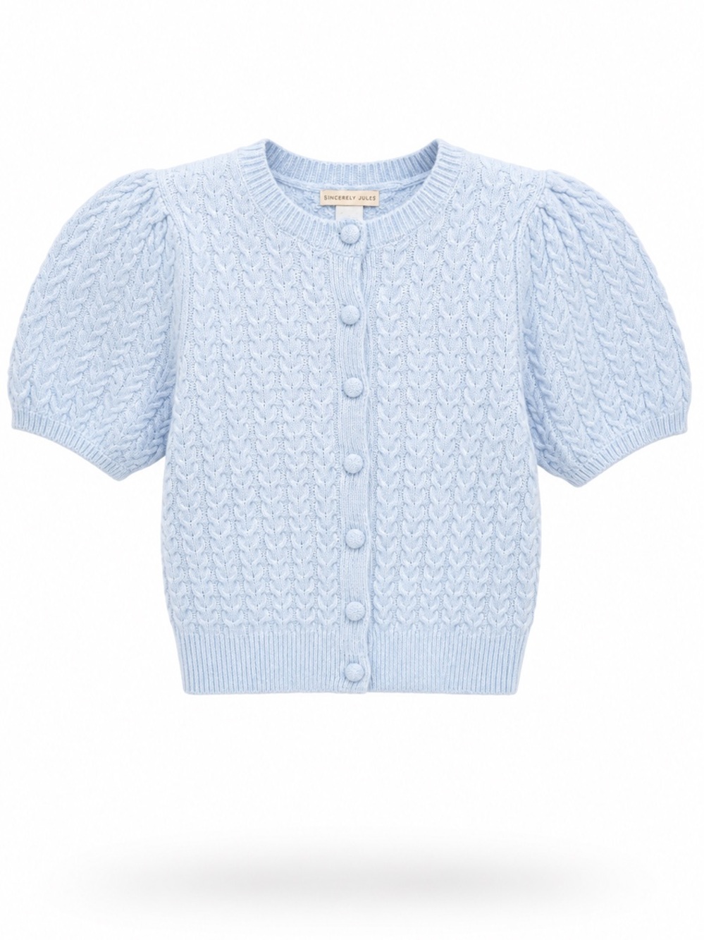 Sincerely Jules | S | Baby Blue Cable Knit Short-Sleeve Cardigan Sweater - Picture 2 of 7
